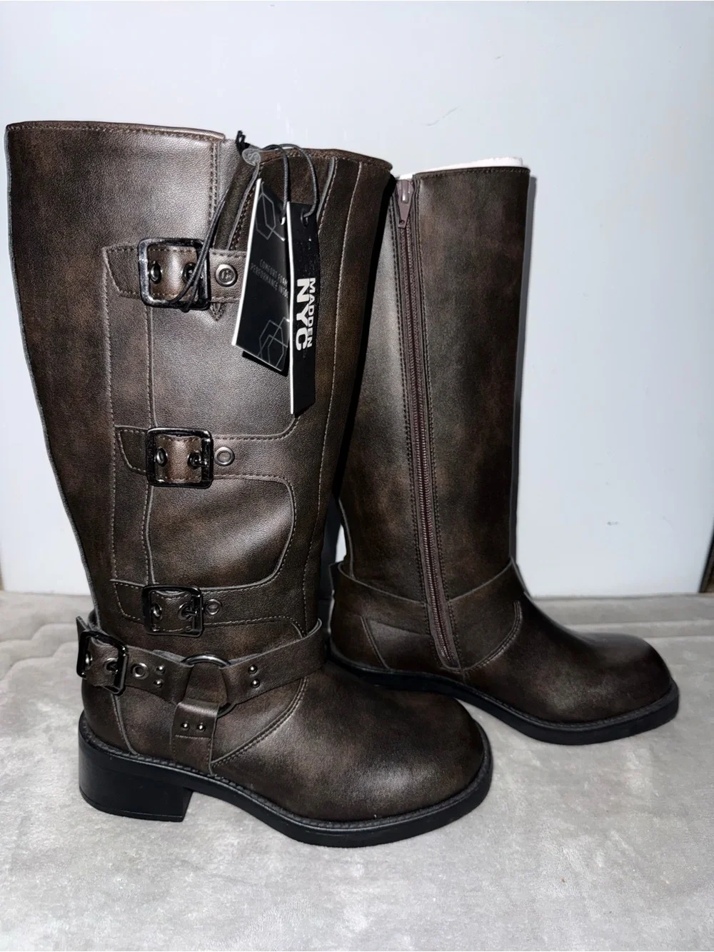 Madden NYC Womens Tall Moto Boots Size 6 Brown Buckle Harness Knee High NWT